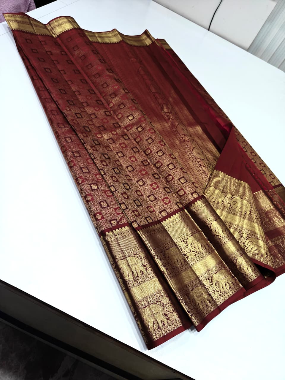 Traditional Maroon and Gold Zari Border Kanchipuram Silk Saree